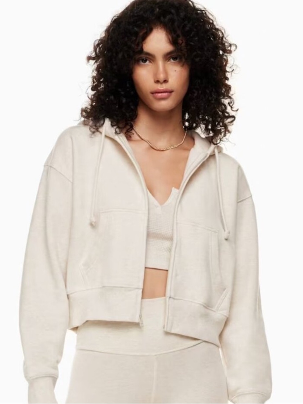 TNA Cropped Zip Hoodie in Light Cream